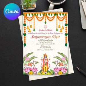 Pode incluir: Um cartão de convite para uma cerimónia religiosa, com um design colorido com ilustrações florais e de divindades. O texto diz "Satyanarayan Puja" com detalhes do evento. O cartão está numa superfície preta com um laptop, um caderno e uma caneta.
