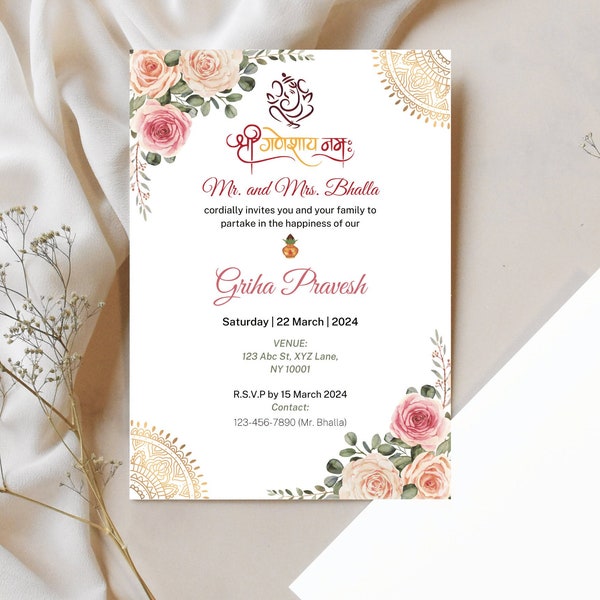 Indian Griha Pravesh Invitation | Housewarming Party Invite | Gruha Pravesh Invitation Template | New Home Canva Digital InvitationTemplate