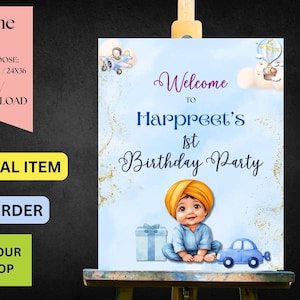Letrero de bienvenida para primer cumpleaños en idioma punjabi, ilustración de un niño en idioma punjabi, letrero de bienvenida hecho a pedido, letrero para jardín, copia digital únicamente
