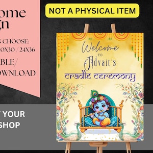 Bewerkbaar Krishna Indian Cradle Ceremony-welkomstbord, Namkaran-ceremoniebord, Indiaas welkomstbord Baby Boy Cradle, Alleen digitale download