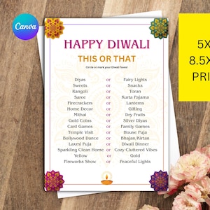 Juego de adivinanzas de Diwali, juegos imprimibles para fiestas del Festival de las Luces con respuestas, actividades para adultos y niños / Juego de Diwali editable en Canva