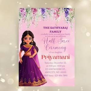Half Saree Invitation 5x7, Editable Half Saree Ceremony Invitation, Puberty Ritu Kala Samskaram, Langa Voni Invites Canva Editable Template