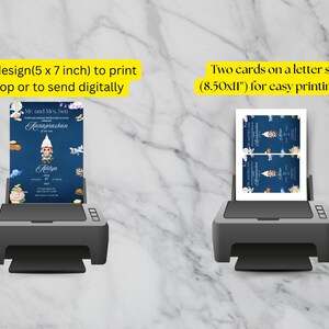 May include: Two black printers displaying invitation cards. The left printer shows a single 5 x 7 inch design. The right printer shows two cards on an 8.50 x 11 inch letter size page. The cards feature a dark blue background with cartoon illustrations.