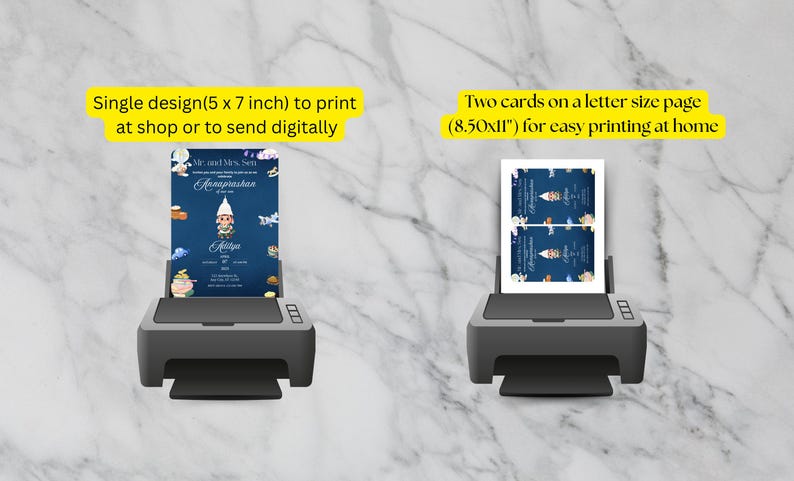 May include: Two black printers displaying invitation cards. The left printer shows a single 5 x 7 inch design. The right printer shows two cards on an 8.50 x 11 inch letter size page. The cards feature a dark blue background with cartoon illustrations.