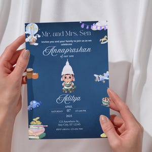 May include: A dark blue rectangular invitation card featuring a central illustration of a child in a white conical hat holding a bowl. The text reads Mr. and Mrs. Sen, Annaprashan of our son, Aditya, April 07, 2025, and includes various small icons.