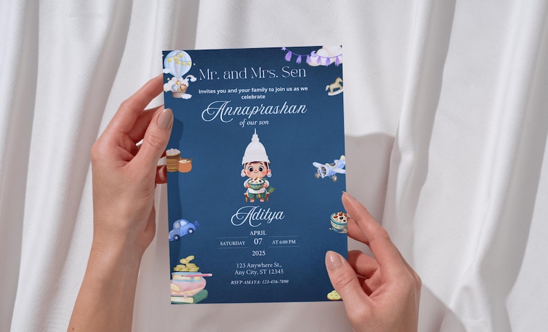 May include: A dark blue rectangular invitation card featuring a central illustration of a child in a white conical hat holding a bowl. The text reads Mr. and Mrs. Sen, Annaprashan of our son, Aditya, April 07, 2025, and includes various small icons.