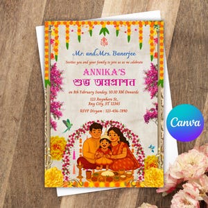 Carte d'invitation modifiable Annaprashan, invitation à la cérémonie de nourrissage du riz pour bébé fille, cérémonie de sevrage MukheBhaat Annaprashan TÉLÉCHARGEMENT NUMÉRIQUE Canva