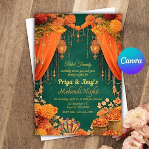 Mehndi Invitation Template, Indian Wedding Invitation, Mehendi Digital Template, Indian Wedding, Save the Date, Mehndi Invite Canva Template