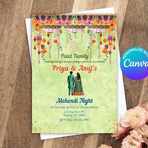Mehndi Invitation Template, Indian Wedding Invitation, Mehendi Digital Template, Indian Wedding, Save the Date, Mehndi Invite Canva Template