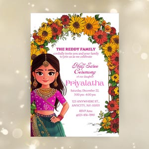 Half Saree Invitation 5x7, Editable Half Saree Ceremony Invitation, Puberty Ritu Kala Samskaram, Langa Voni Invites Canva Editable Template