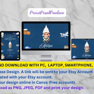 May include: A digital invitation template displayed on a smartphone, tablet, desktop monitor, and laptop. The dark blue design features a cartoon character in a white hat, an airplane, and the name Aditya. Text includes "PrintPixelPaalace" and "EDIT AND DOWNLOAD WITH PC, LAPTOP, SMARTPHONE, TABLET."
