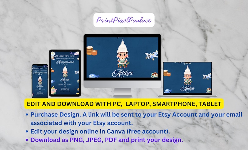 May include: A digital invitation template displayed on a smartphone, tablet, desktop monitor, and laptop. The dark blue design features a cartoon character in a white hat, an airplane, and the name Aditya. Text includes "PrintPixelPaalace" and "EDIT AND DOWNLOAD WITH PC, LAPTOP, SMARTPHONE, TABLET."