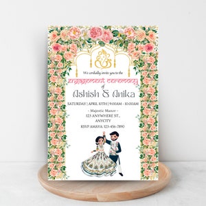 Faire-part indien pour la cérémonie de fiançailles | Invitation Roka | Invitation florale de fiançailles | TÉLÉCHARGEMENT NUMÉRIQUE du modèle Canva d'invitation de fiançailles Sagai
