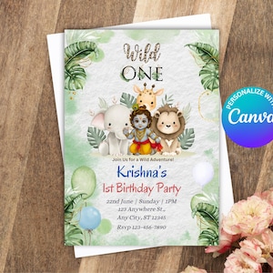Baby Krishna Safari 1st Birthday Invitation: Printable Canva Template (Instant Download)