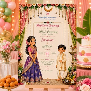 May include: A rectangular invitation card featuring a cartoon illustration of a girl in a purple and pink half-saree and a boy in a cream dhoti. The text includes HalfSaree Ceremony & Dhoti Ceremony, Shravani & Ashwin, Sunday 25 June, 6:30 PM, and venue details.