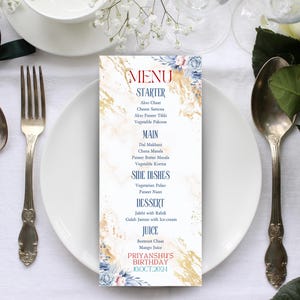 Karta menu jedzenia na baby shower, karta menu jedzenia na imprezę GodhBharai, edytowalny szablon Canva, natychmiastowe pobranie, indyjski znak imprezy świątecznej Seemantham