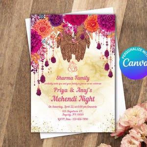 Mehndi Invitation Template, Indian Wedding Invitation, Mehendi Digital Template, Indian Wedding, Save the Date, Mehndi Invite Canva Template
