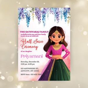 Half Saree Invitation 5x7, Editable Half Saree Ceremony Invitation, Puberty Ritu Kala Samskaram, Langa Voni Invites Canva Editable Template