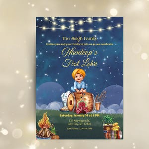 Invitación a la fiesta de Lohri, invitación para la primera fiesta de Lohri de un niño, invitación digital, tarjeta de invitación de Lohri, invitación imprimible, plantilla Canva de Happy Lohri