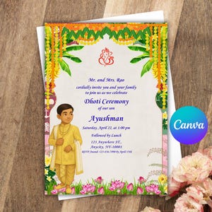 May include: An invitation card for a Dhoti Ceremony, with a cartoon illustration of a young man in yellow clothing. The card has floral and decorative elements, with blue text and a Canva logo.