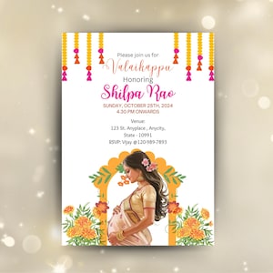 Indian Baby Shower Invite, Floral Seemantham, Valaikappu, Godh Bharai Invitation Canva Editable Digital Template
