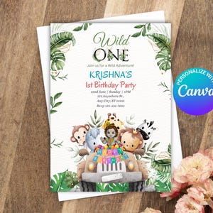 Baby Krishna Safari 1st Birthday Invitation: Editable Canva Template (Instant Download)