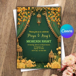 Mehndi Invitation Template, Indian Wedding Invitation, Mehendi Digital Template, Indian Wedding, Save the Date, Mehndi Invite Canva Template