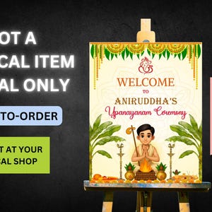 Placa de cerimônia de boas-vindas Bratabandha Upanayanam indiana, Placa de boas-vindas com linha, Faixa de placa de boas-vindas Janoi, somente digital, feita sob encomenda