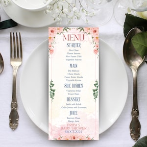 Karta menu jedzenia na baby shower, karta menu jedzenia na imprezę GodhBharai, edytowalny szablon Canva, natychmiastowe pobranie, indyjski znak imprezy świątecznej Seemantham