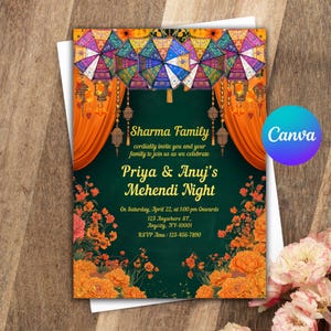 Mehndi Invitation Template, Indian Wedding Invitation, Mehendi Digital Template, Indian Wedding, Save the Date, Mehndi Invite Canva Template