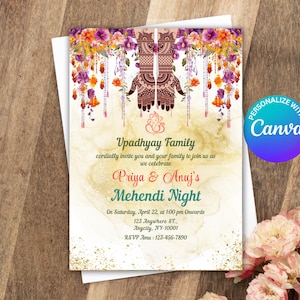 Mehndi Invitation Template, Indian Wedding Invitation, Mehendi Digital Template, Indian Wedding, Save the Date, Mehndi Invite Canva Template