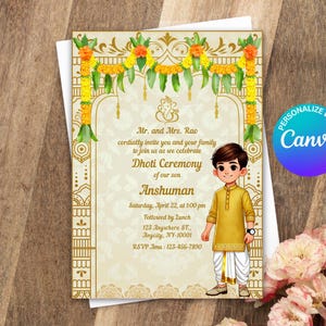 May include: A gold and white invitation card with a floral garland and a cartoon boy in a yellow and white outfit. The text on the card reads "Mr. and Mrs. Rao cordially invite you and your family to join us as we celebrate Dhoti Ceremony of our son Anshuman Saturday, April 22, at 1:00 pm Followed by Lunch 123 Anywhere St. Angrily, NY-10001 RSVP: 123-456-7890".