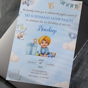 Punjabi eerste verjaardagsuitnodiging, Sukhmani Sahib uitnodigen, Akhand Path, Sri Sehaj Paath uitnodigen, Punjabi babyjongen illustratie Canva bewerkbaar