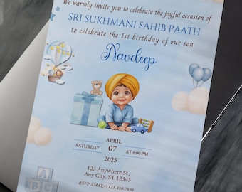Punjabi erste Geburtstagseinladung, Sukhmani Sahib einladen, Akhand Pfad, Sri Sehaj Paath einladen, Punjabi Baby Boy Illustration Canva bearbeitbar