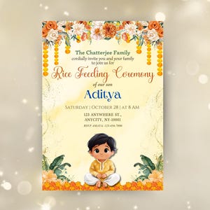 Biglietto d'invito Annaprashan modificabile / Cerimonia di alimentazione del riso Invito Pasni Mukhe Bhaat Onnoprashon Weaning Baby Boy invito DOWNLOAD DIGITALE