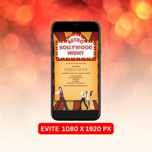 Bollywood Theme Party Evite, Canva Edytowalny Szablon, Natychmiastowe Pobieranie 1080x1920 px, Indyjskie Bollywood Retro Zaproszenie na Imprezę