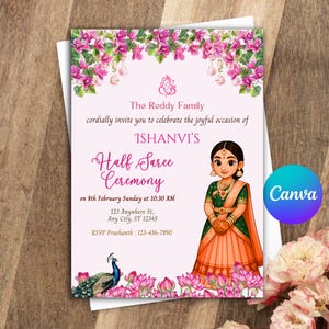 Half Saree Invitation 5x7, Editable Half Saree Ceremony Invitation, Puberty Ritu Kala Samskaram, Langa Voni Invites Canva Editable Template