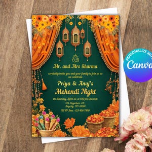 Mehndi Invitation Template, Indian Wedding Invitation, Mehendi Digital Template, Indian Wedding, Save the Date, Mehndi Invite Canva Template