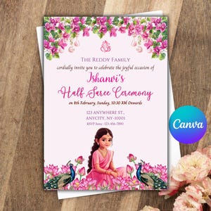 Half Saree Invitation 5x7, Editable Half Saree Ceremony Invitation, Puberty Ritu Kala Samskaram, Langa Voni Invites Canva Editable Template