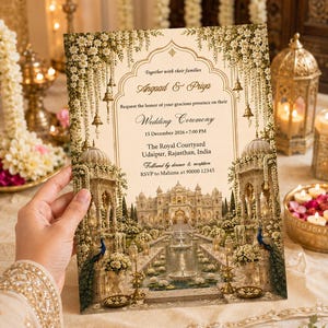 May include: A rectangular wedding invitation card featuring a cream background with gold text and an illustration of a palace courtyard with fountains, hanging flowers, and peacocks. The text includes names Angaad and Priya, date 15 December 2026, and location details for The Royal Courtyard in Udaipur, Rajasthan, India.