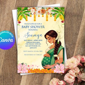 Indian Baby Shower Invite, Seemantham, Valaikappu, Godh Bharai Invitation Canva Digital Template, Instant Download, Baby Boy Girl Template