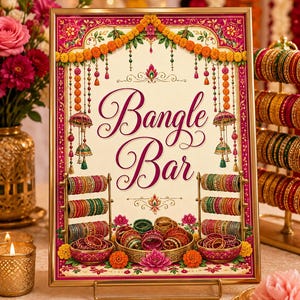 Peut inclure: Une affiche rectangulaire à cadre doré avec un fond crème et une bordure magenta portant le texte Bangle Bar en écriture élégante. Le design présente des illustrations de guirlandes de souci, de pompons décoratifs et de bols remplis de bracelets.