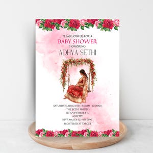 Indische Babyparty einladen, Seemantham, Valaikappu, Godh Bharai Einladung Canva Digitale Vorlage, Baby Girl Rosa Vorlage