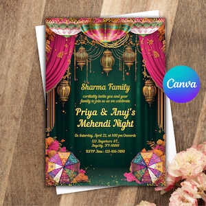 Mehndi Invitation Template, Indian Wedding Invitation, Mehendi Digital Template, Indian Wedding, Save the Date, Mehndi Invite Canva Template