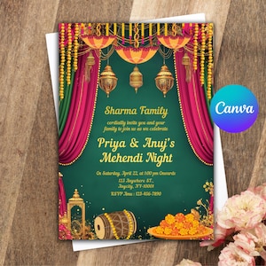 Mehndi Invitation Template, Indian Wedding Invitation, Mehendi Digital Template, Indian Wedding, Save the Date, Mehndi Invite Canva Template