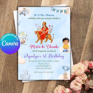 Mata ki chowki Invite, Mata ka Jagrata Invitation, Canva Editable Template, Mata ka Jagran, Instant Digital Download, Baby Boy Blue Birthday