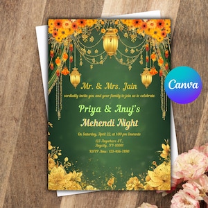 Mehndi Invitation Template, Indian Wedding Invitation, Mehendi Digital Template, Indian Wedding, Save the Date, Mehndi Invite Canva Template