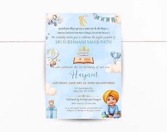 Punjabi erste Geburtstagseinladung, Sukhmani Sahib einladen, Akhand Pfad, Sri Sehaj Paath einladen, Punjabi Baby Boy Illustration Canva bearbeitbar