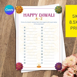 Diwali A-Z Game: Printable Festival of Lights Party Activity (Editable Canva Template)