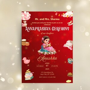 Invito modificabile di Annaprashan, Invito alla cerimonia di alimentazione del riso della bambina, Pasni Mukhe Bhaat Onnoprashon Cerimonia di svezzamento DOWNLOAD DIGITALE